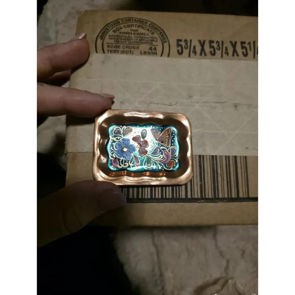 Vintage Mini Copper Enamel Tray Butterfly Floral Trinket Dish 2” Hand Painted